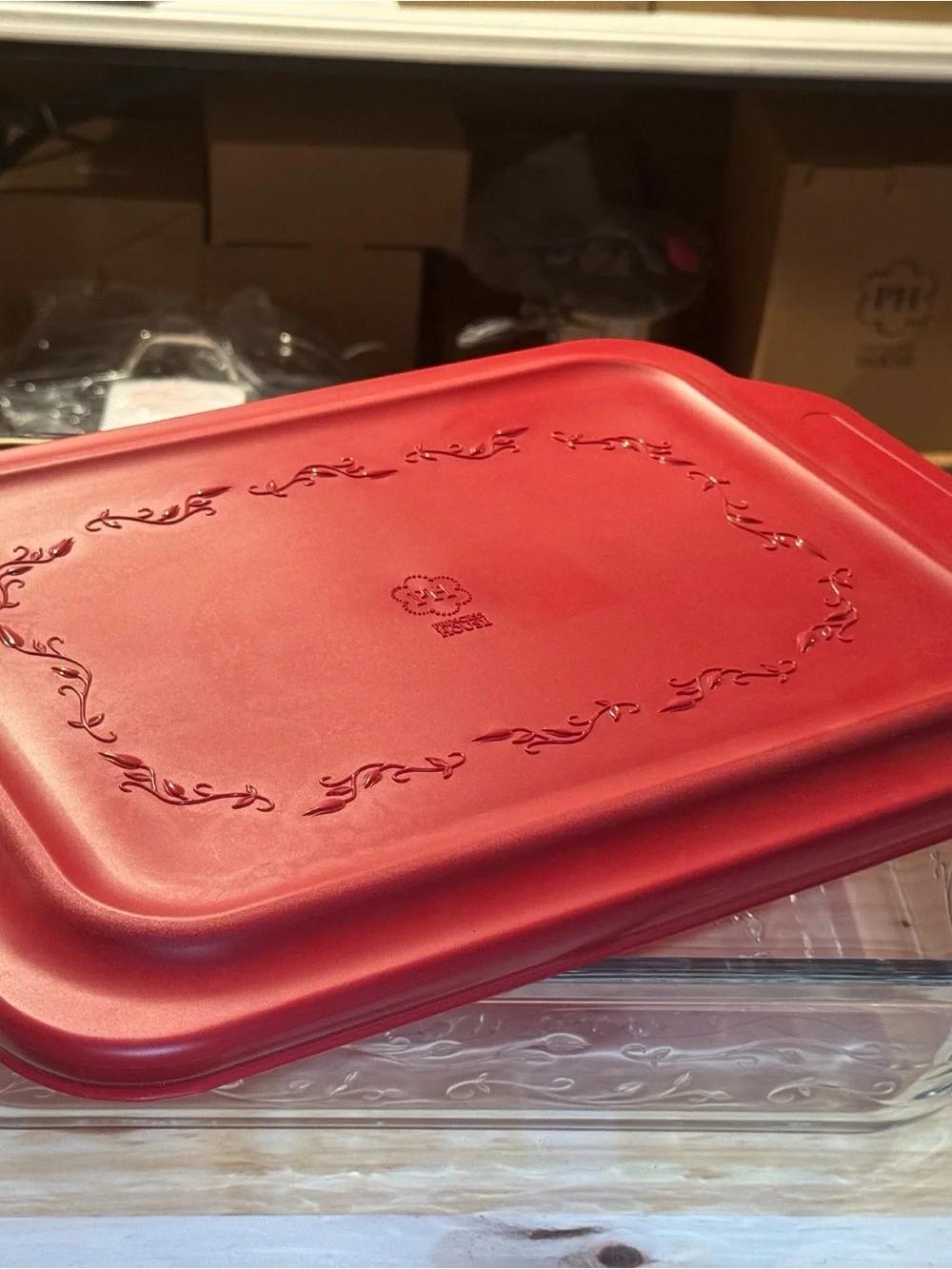 Princess House Red Embossed Glass Food Storage Container with Snap Lid